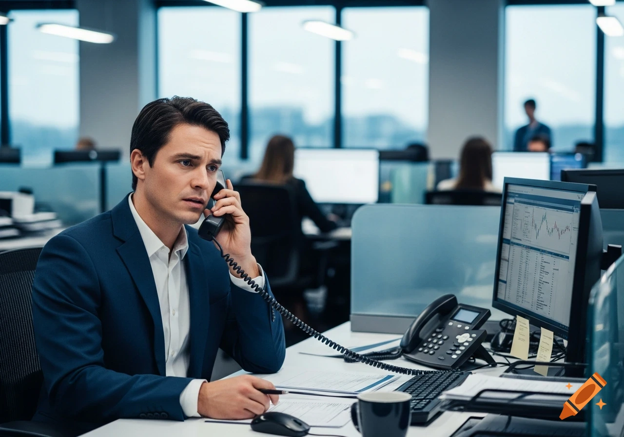 A man in a suit takes a distressing call at his desk in a modern office, looking concerned.