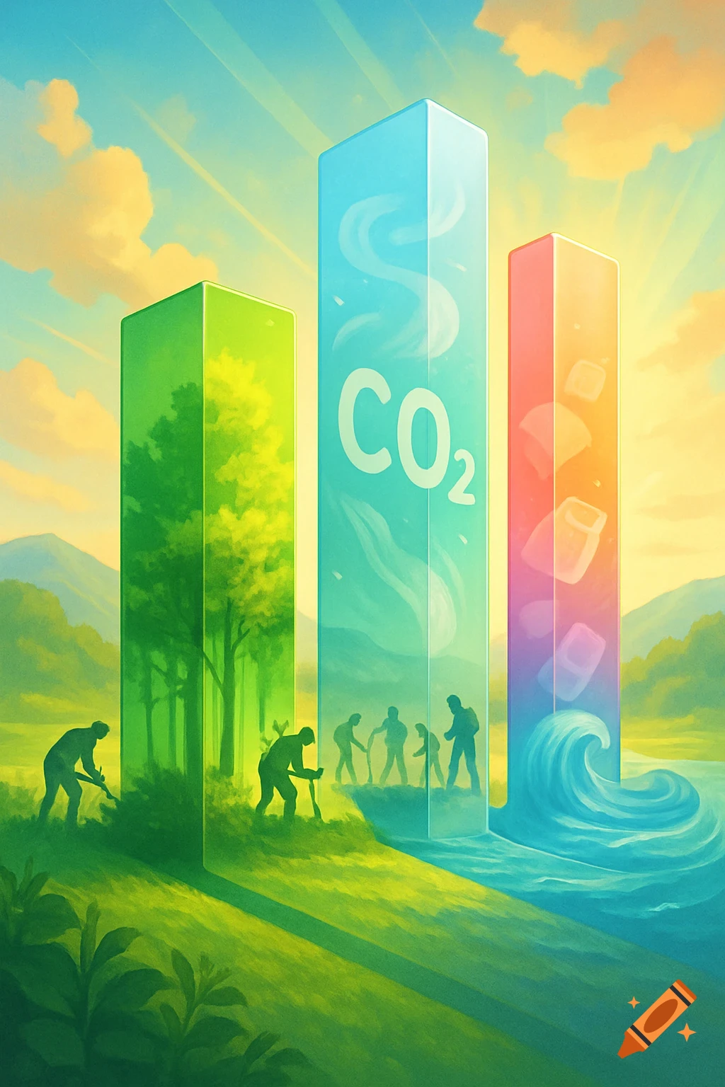 Illustrative scene with three colorful bars: green for reforestation, blue for CO2 emissions, and red/orange for water. People plant trees and walk by water.