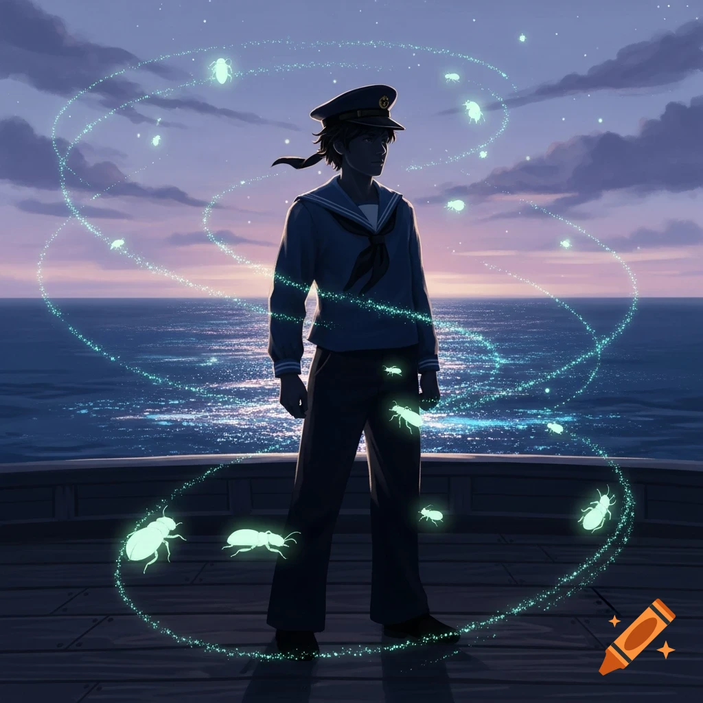 An illustration of a young sailor standing on a ship's deck at twilight, looking out at the ocean, surrounded by glowing green insects.