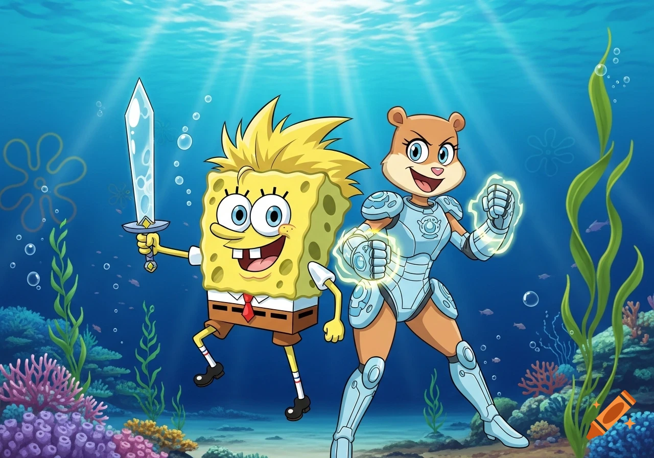 Spongebob with a sword and Sandy in an armored suit with glowing fists, underwater with coral and plants, in an anime style.