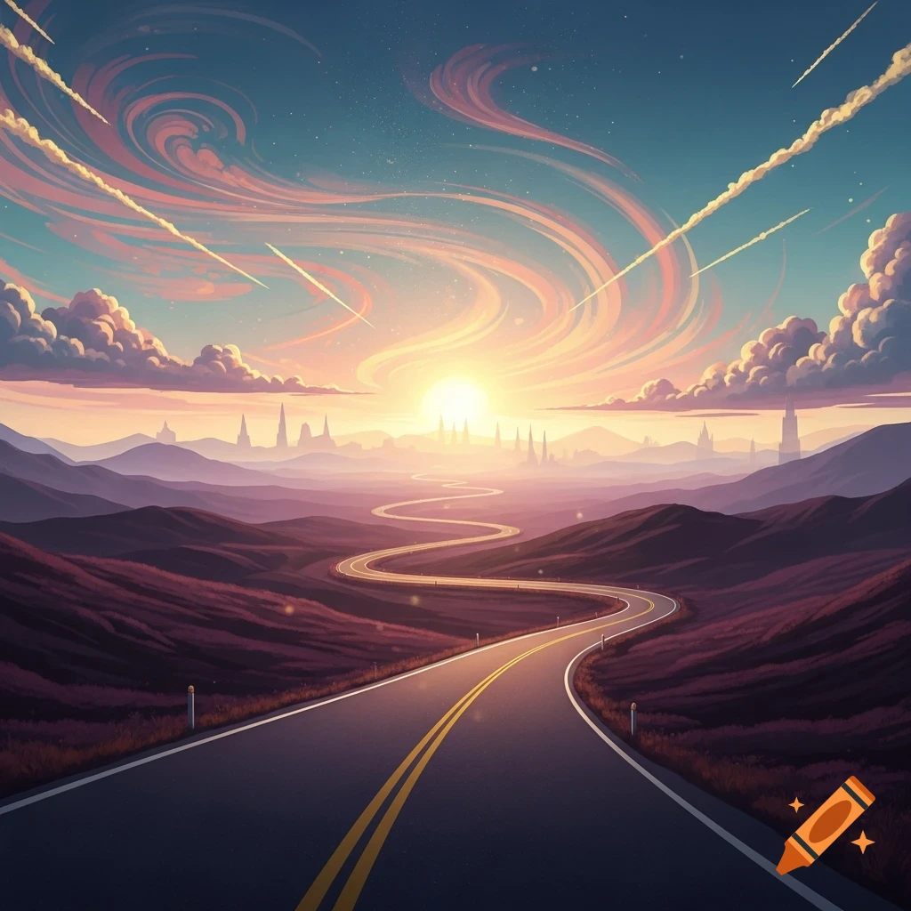 A winding road through purple hills towards a bright sunset, with swirling pink clouds and stylized distant city outlines.