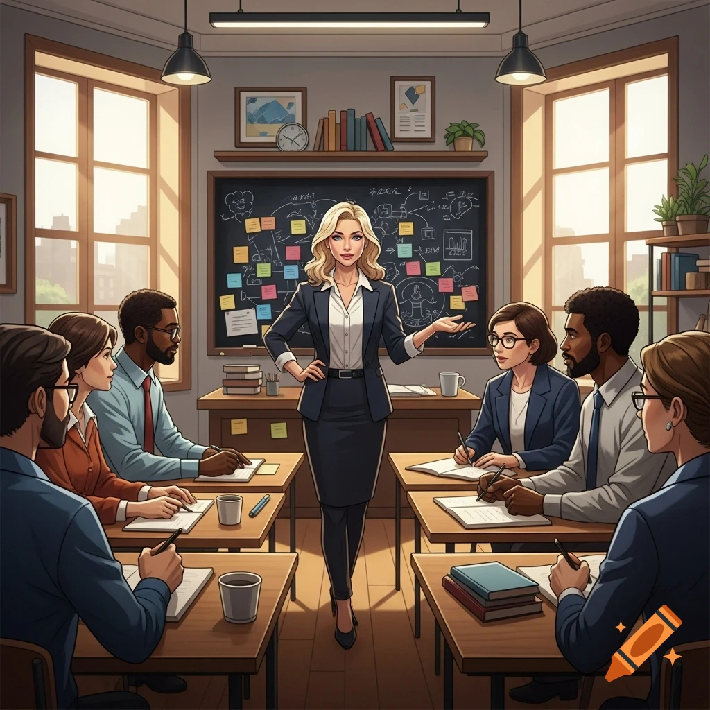 A blonde woman in a suit presents to a diverse group of professionals seated at desks in a classroom with a blackboard and large windows.
