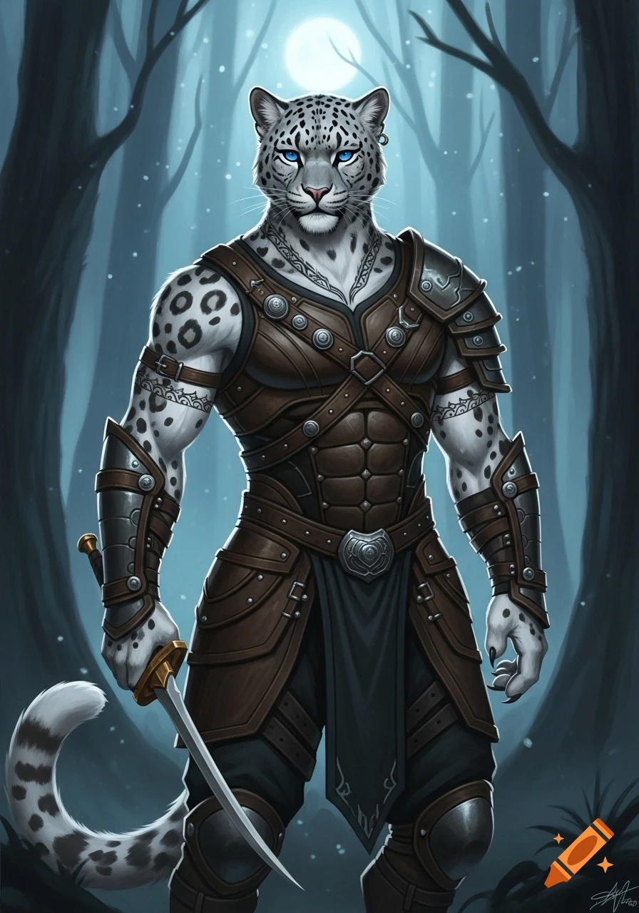 A snow leopard anthro character in leather armor, holding a sword, stands in a moonlit forest. Stylized digital art.