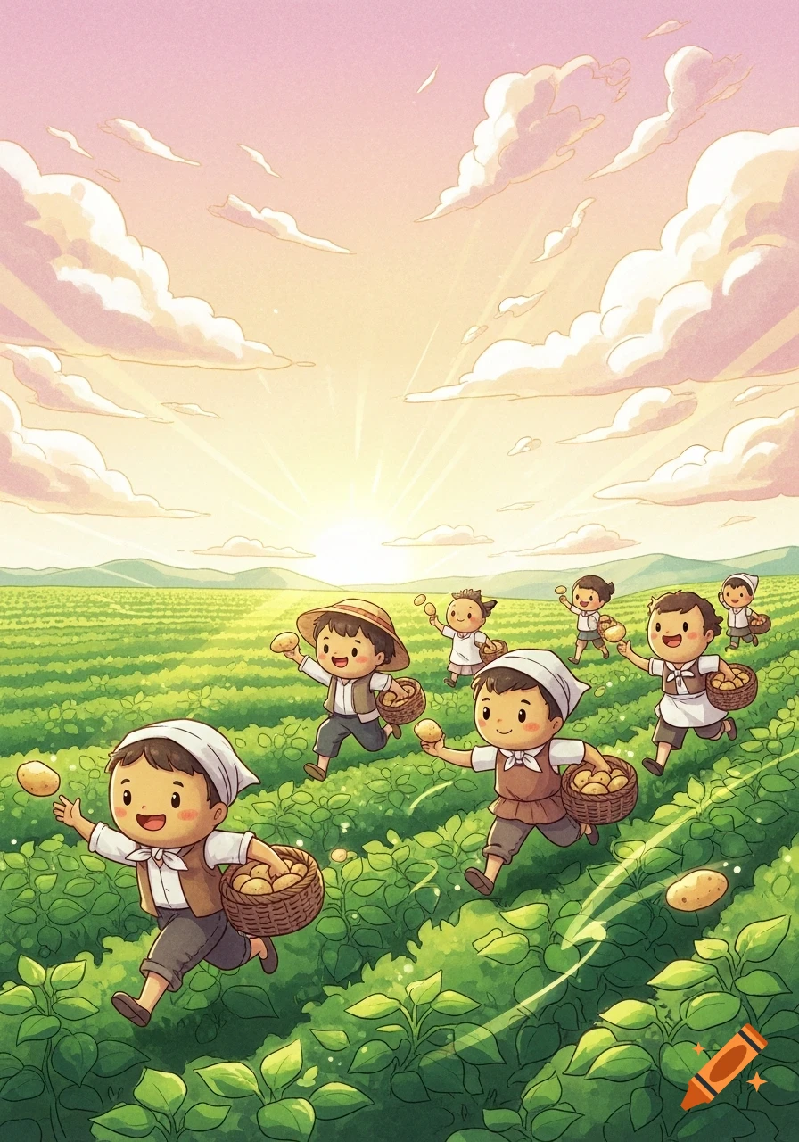 Cartoon illustration of happy children running through a green potato field with baskets of potatoes at sunrise.