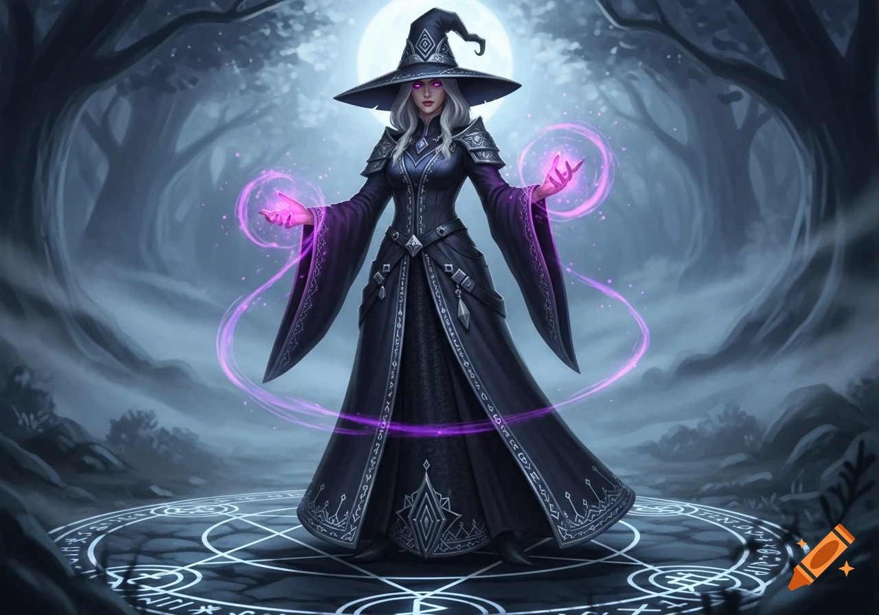 A white-haired witch in a black and silver dress stands within a glowing magic circle in a dark forest under a full moon, casting purple spells.
