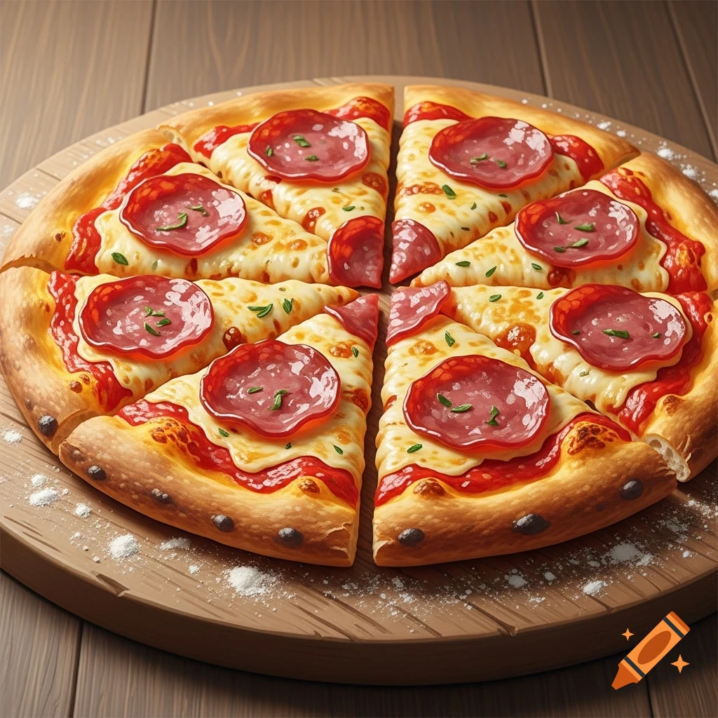 A delicious-looking pepperoni pizza cut into eight slices on a wooden board, viewed from above.