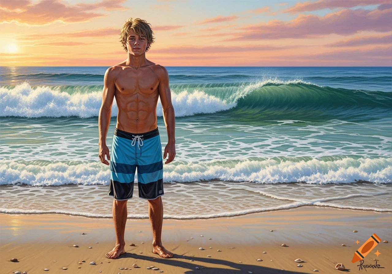 Photorealistic shirtless surfer boy with board shorts standing on a sandy beach with waves during sunset.