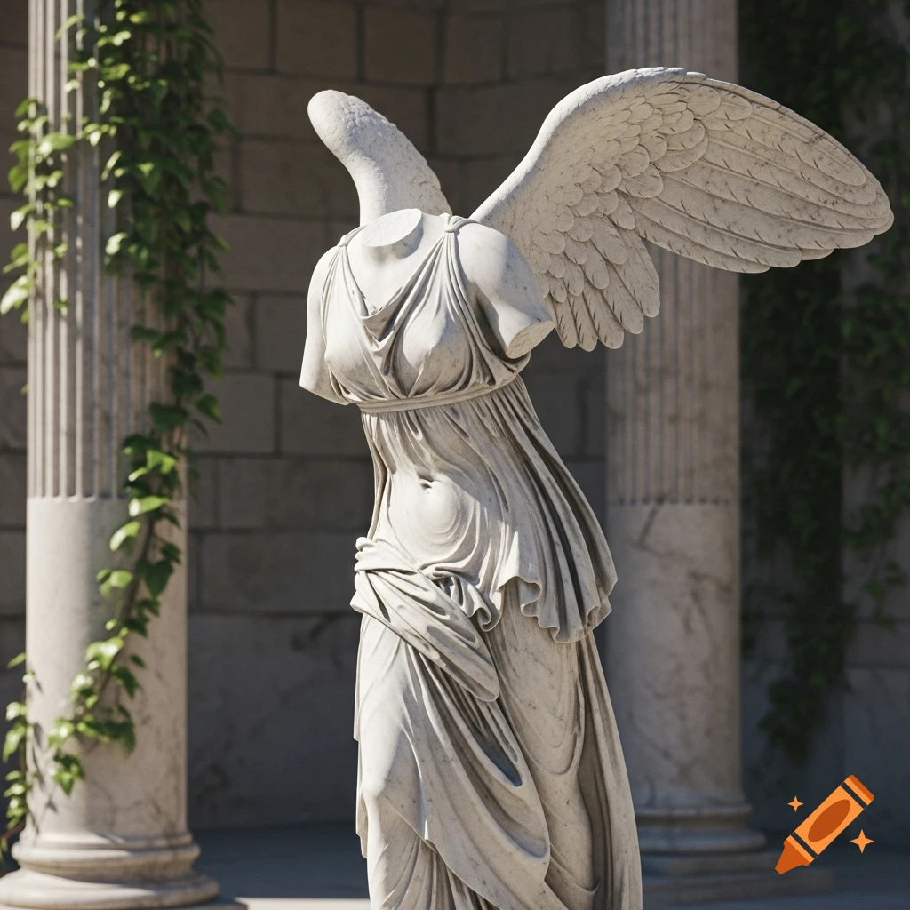 A headless and armless marble statue of a winged woman, draped in fabric, stands among ancient columns with ivy.
