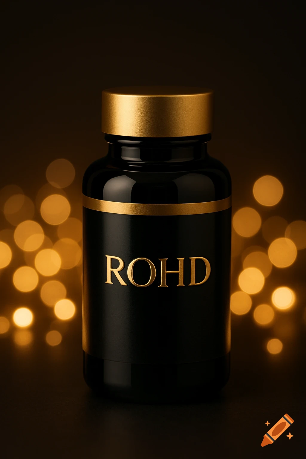 Photorealistic black and gold luxury bottle with 'ROHD' written on it, set against a dark background with golden bokeh lights.