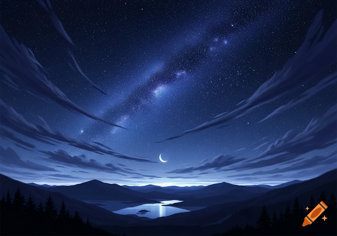 Stylized illustration of a starry night sky with a crescent moon over dark mountains and a reflective lake.