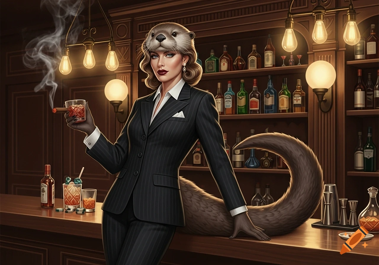 An anthropomorphic woman with an otter head and tail, dressed in a pinstripe suit, leaning on a bar, smoking a cigar and holding a drink.