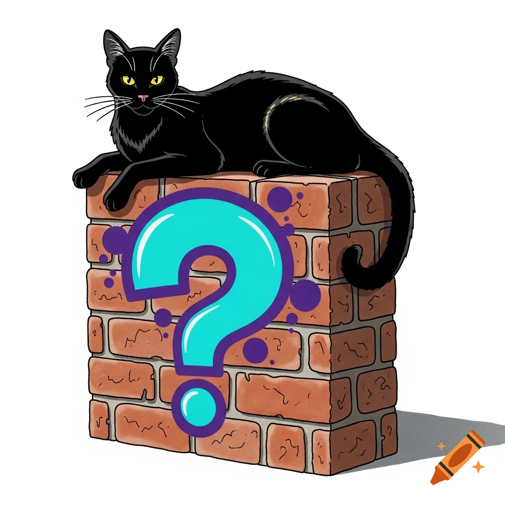 A black cat sits on a brick wall with a vibrant blue question mark graffiti, in a clipart style.