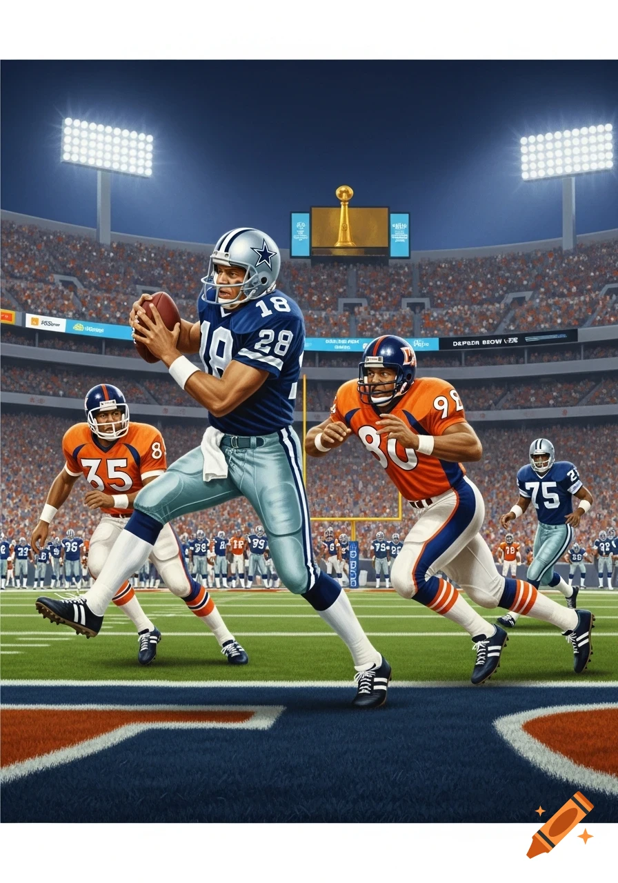 An American football player in a blue Dallas Cowboys uniform with number 18 runs with the ball on a stadium field, pursued by players in orange Denver Broncos uniforms.