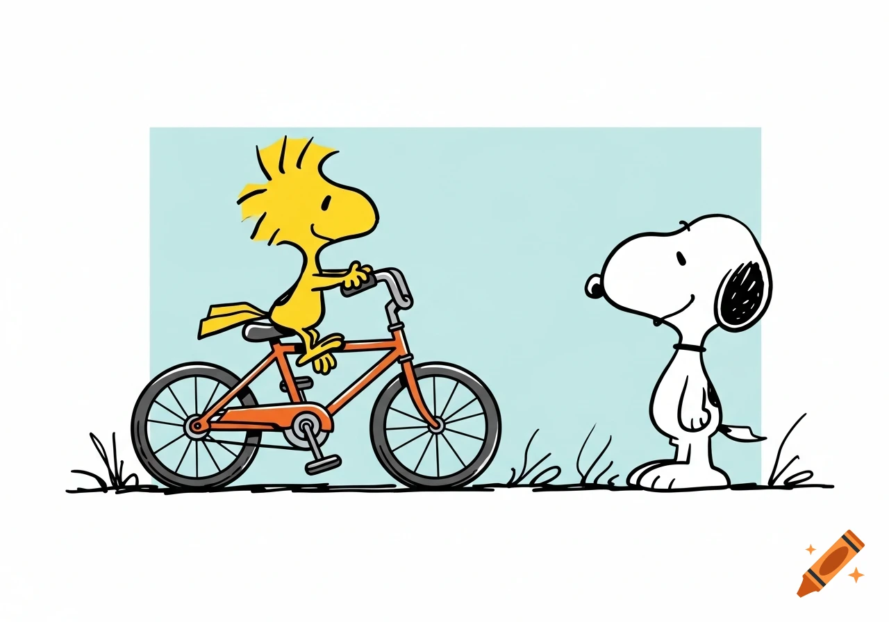 Cartoon of Woodstock riding an orange bicycle with Snoopy watching.