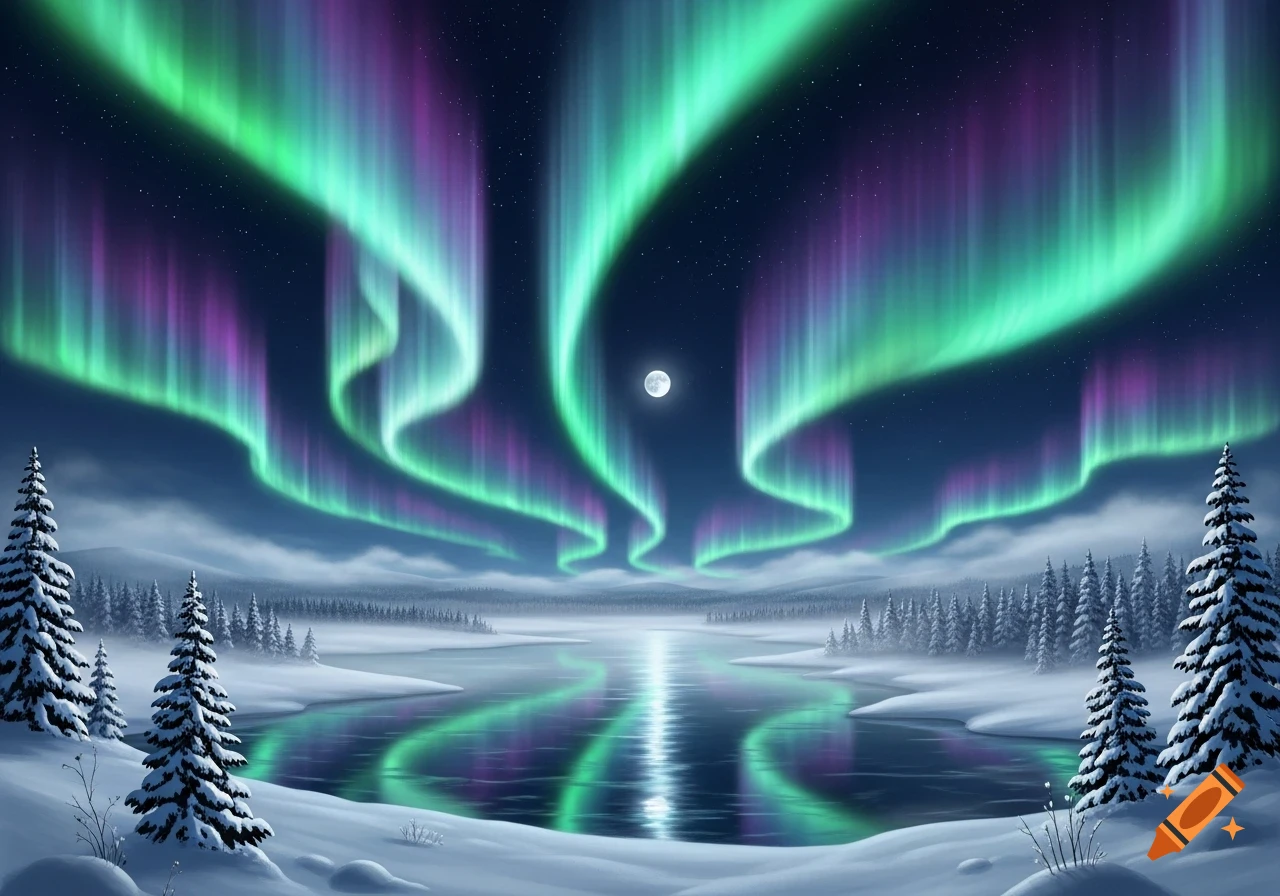 Vibrant green and purple Northern Lights illuminate a snowy winter landscape with a reflective lake and evergreen trees under a full moon.