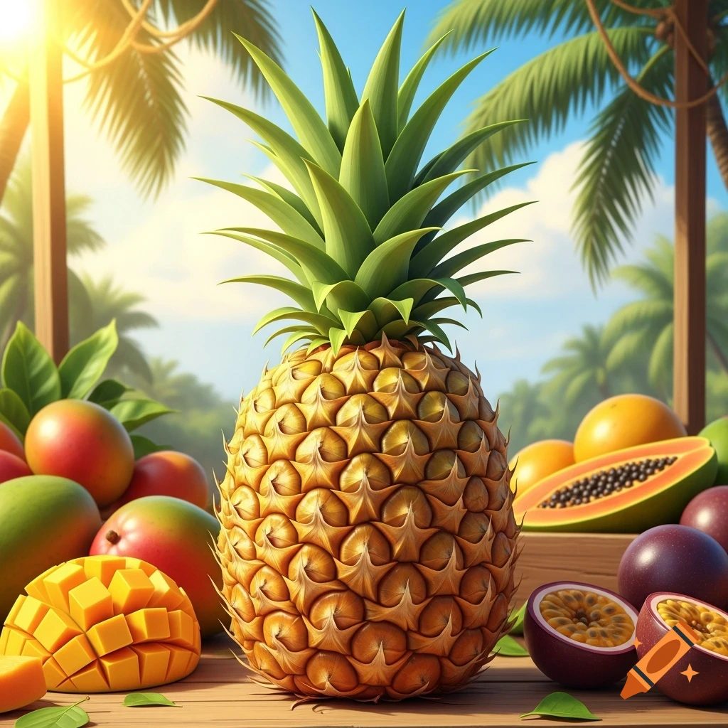 A vibrant pineapple surrounded by mangoes, a halved papaya, and passion fruits on a wooden table, under palm trees and a sunny sky.