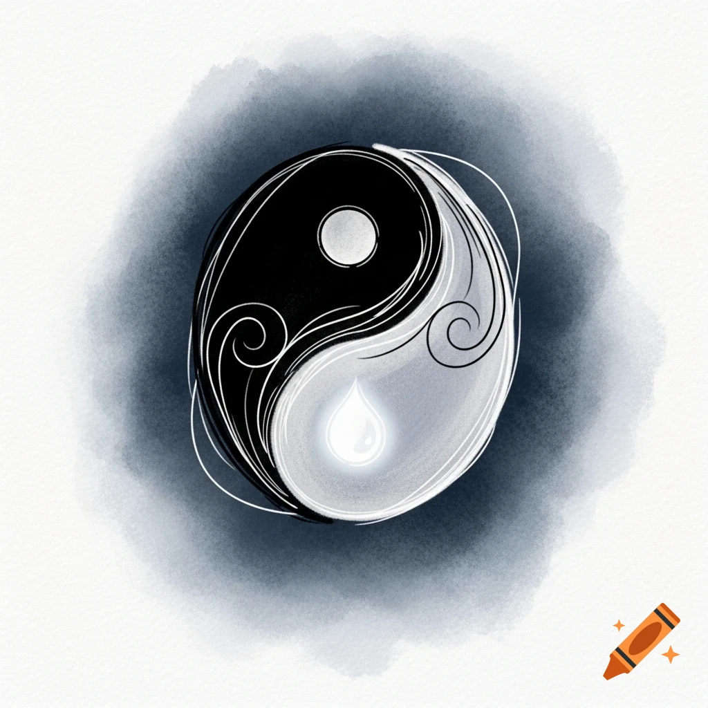 A stylized black and white yin and yang symbol with decorative swirls and a glowing teardrop, on a gray watercolor background.