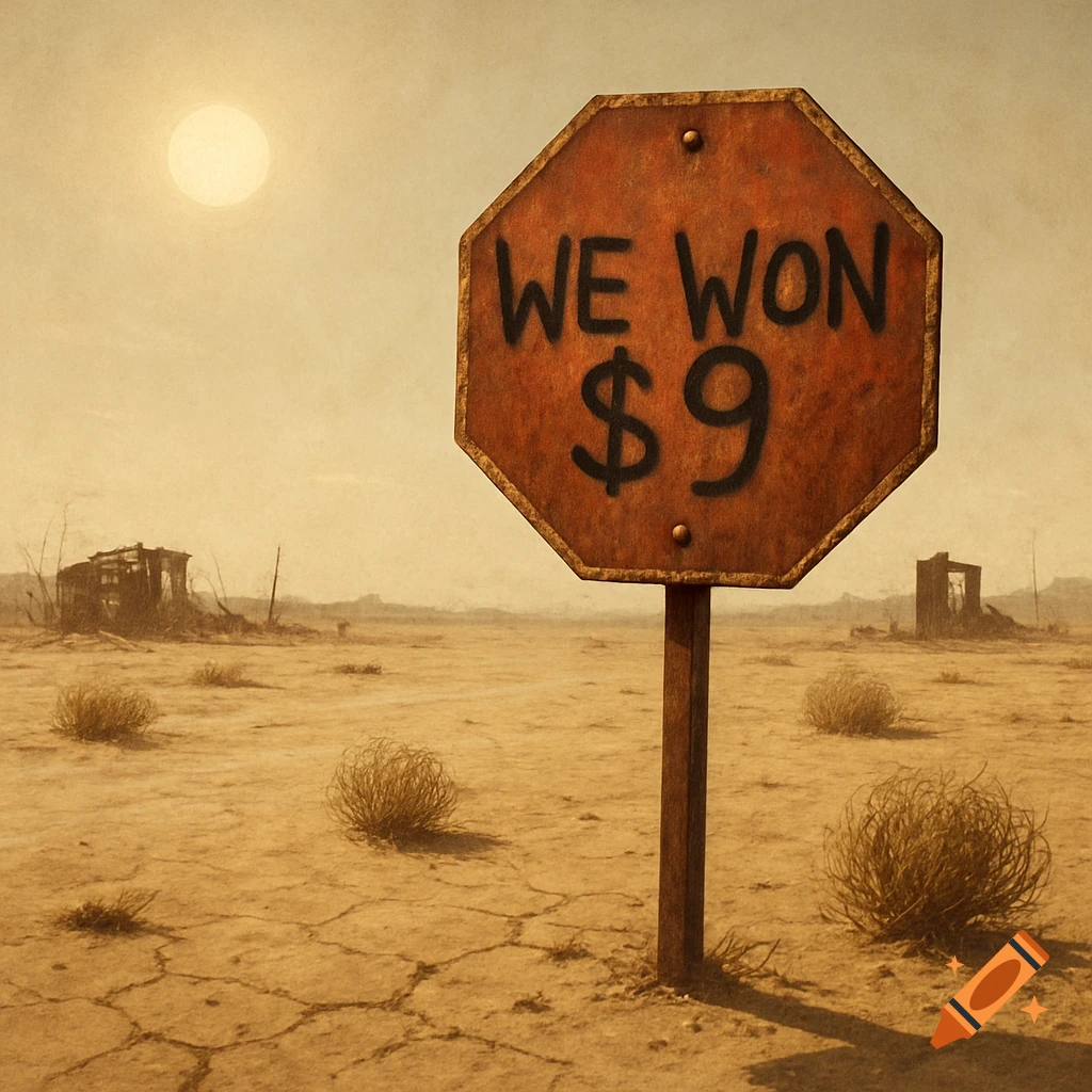 A rusted stop sign reading 'WE WON $9' in a barren desert wasteland with distant ruins under a pale sun.