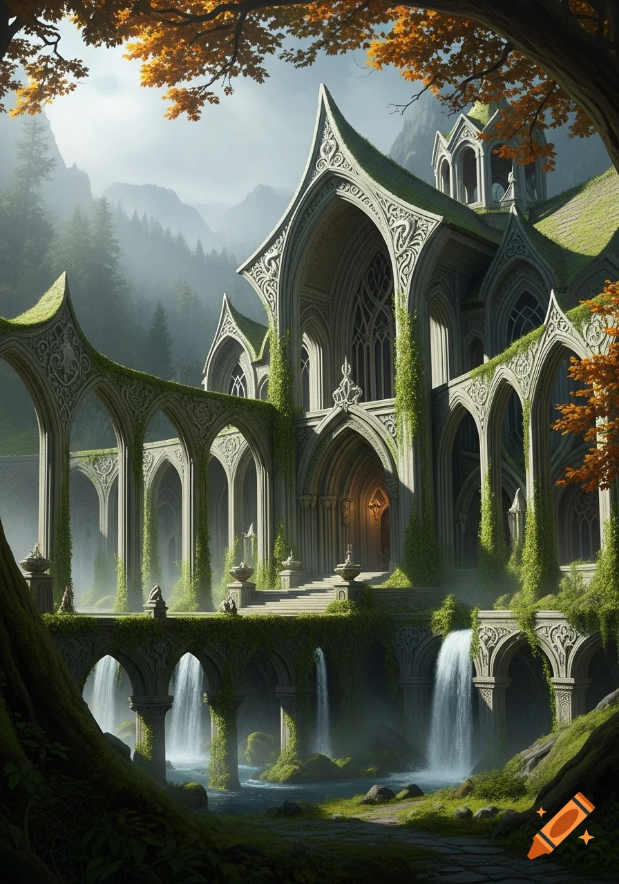 A majestic, ancient elven-style building with intricate carvings and ...