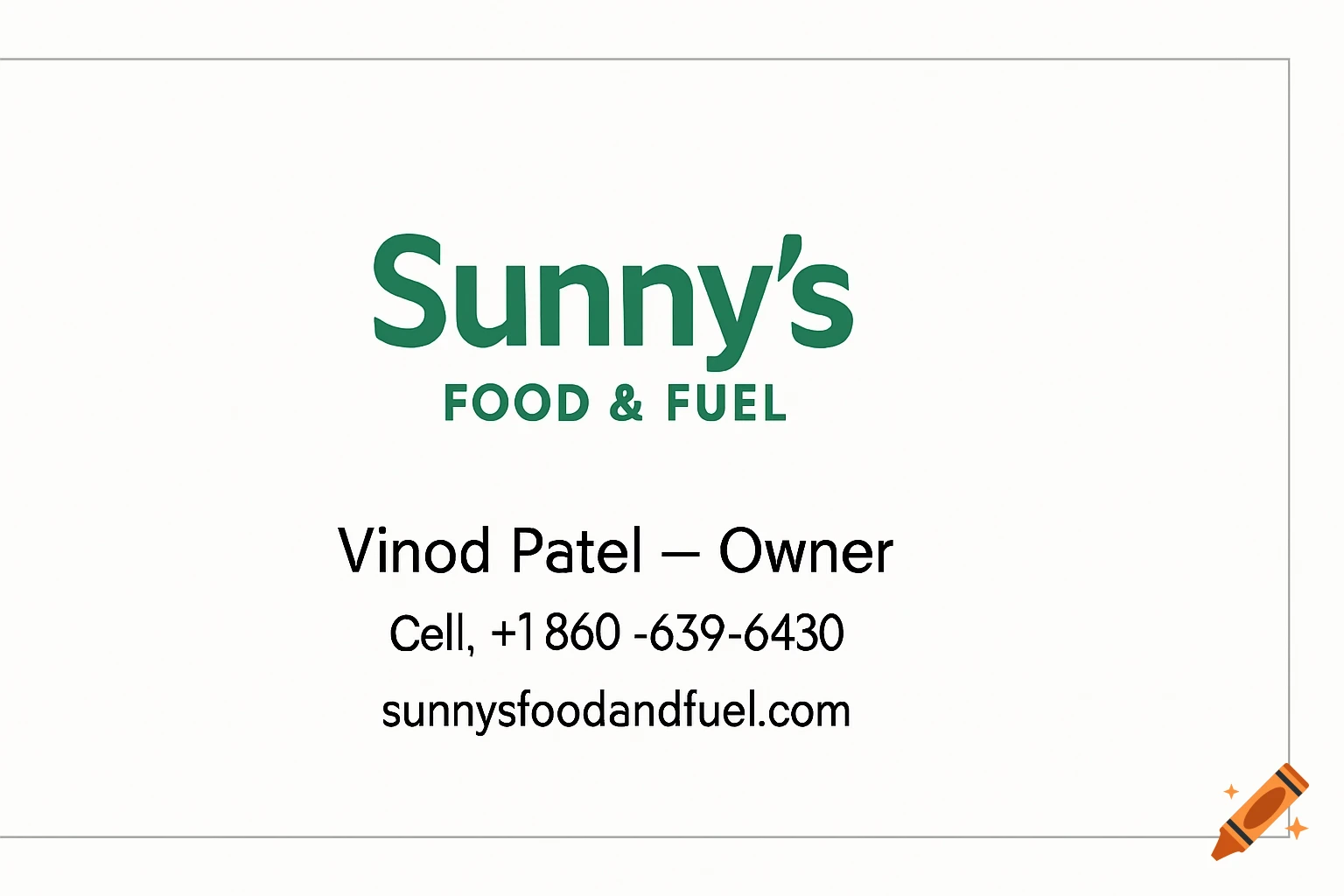 A minimalist white business e-card for "Sunny's Food & Fuel" with a green logo, showing contact information for Vinod Patel.