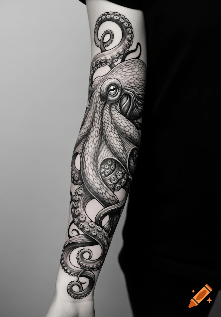 Realistic black and white octopus tattoo on a forearm, with its head at the elbow and tentacles wrapping down to the wrist.