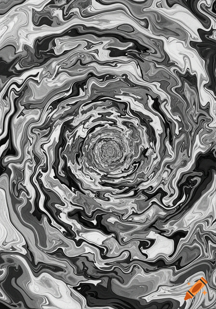 A monochrome abstract swirling pattern in shades of black, white, and gray, creating a hypnotic visual effect.