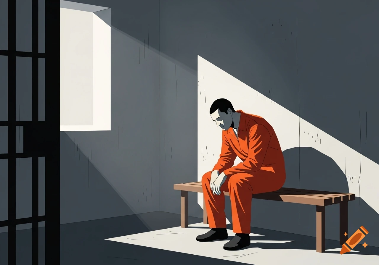 Minimalist illustration of a man in an orange jumpsuit sitting sadly on a bench in a prison cell, light shining from a window.