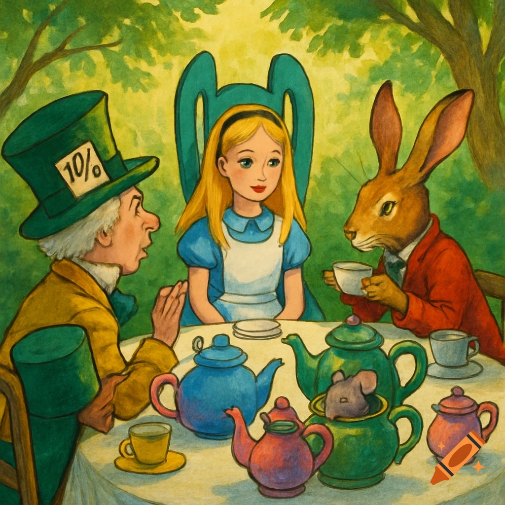 A colorful illustration of Alice, the Mad Hatter, and the March Hare at a tea party in a whimsical forest.