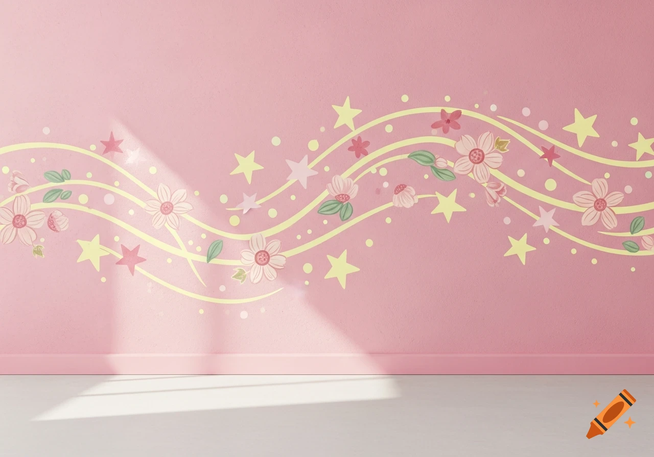 A pastel pink wall with a whimsical light yellow design of curves, stars, and pink flowers, with sunbeams across the floor.
