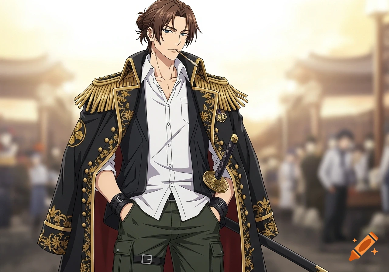 An anime-style man with a manbun and blue eyes wears a white shirt, a black and gold military coat, and dark green cargo pants, holding a sword, with a piece of straw in his mouth, in a blurry historical setting.