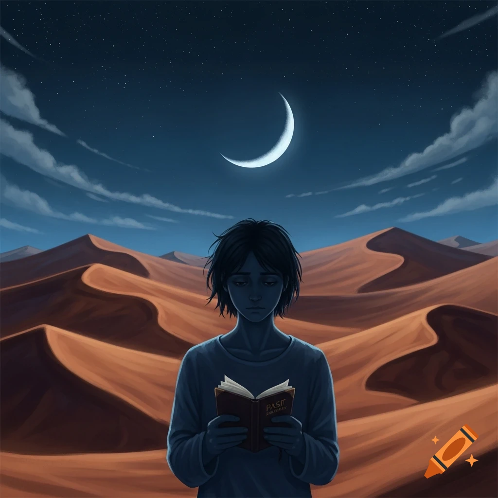 Illustrated person with dark hair reads a book in a moonlit desert, conveying a melancholic mood.