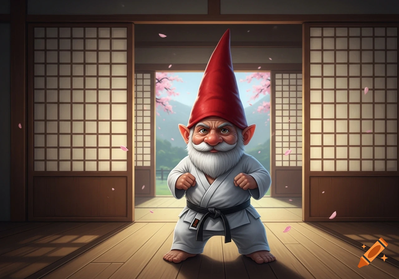 A cute gnome with a white beard and red hat stands in a karate uniform with a black belt, fists clenched, inside a Japanese dojo with cherry blossoms visible outside.