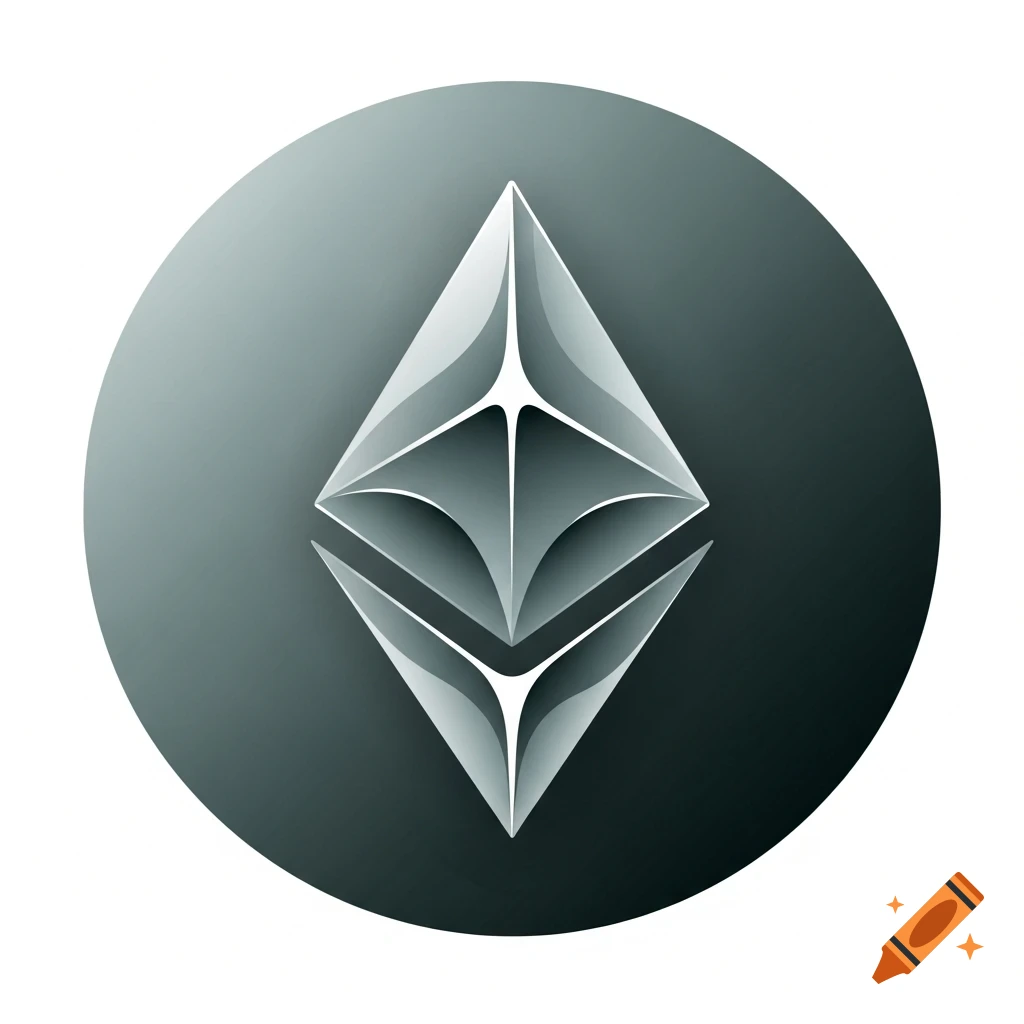 A stylized, shiny, light gray geometric logo resembling a diamond shape, set within a gradient dark gray circle.