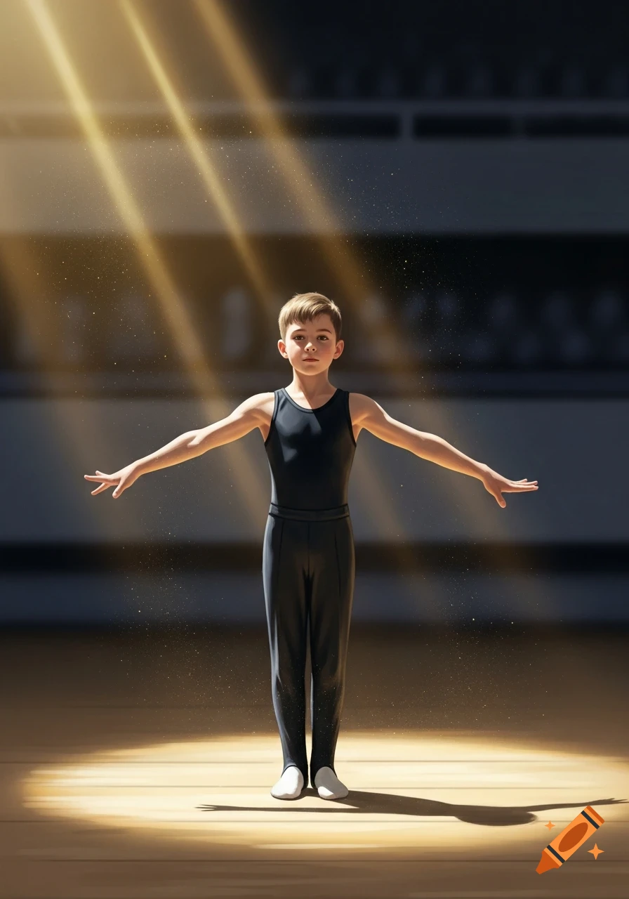 A young boy in a black leotard stands with outstretched arms on a stage under golden spotlights.