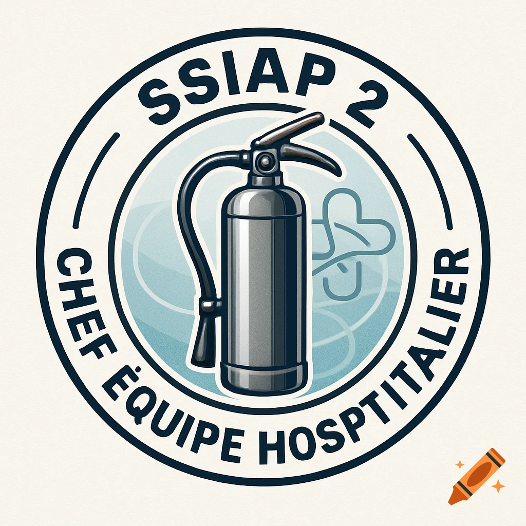 A round logo featuring a metallic fire extinguisher at its center. The text 'SSIAP 2' is displayed at the top, and 'CHEF ÉQUIPE HOSPITALIER' curves along the bottom border.