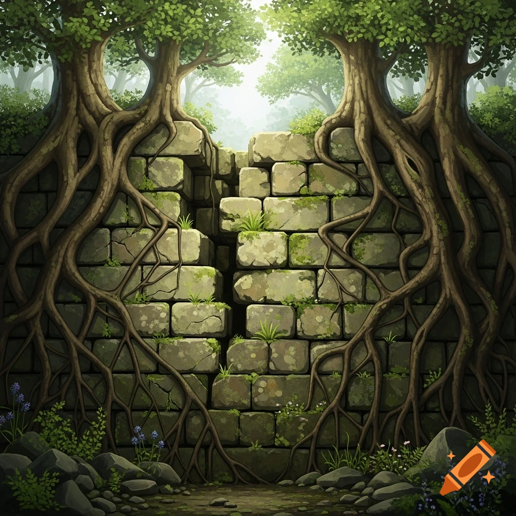 An ancient cracked stone wall covered in moss and large tree roots, framed by green trees against a misty forest background.