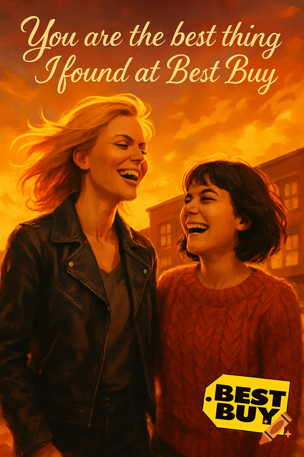 Digital painting of two women laughing, blonde and brunette, with text 'You are the best thing I found at Best Buy' and a Best Buy logo.