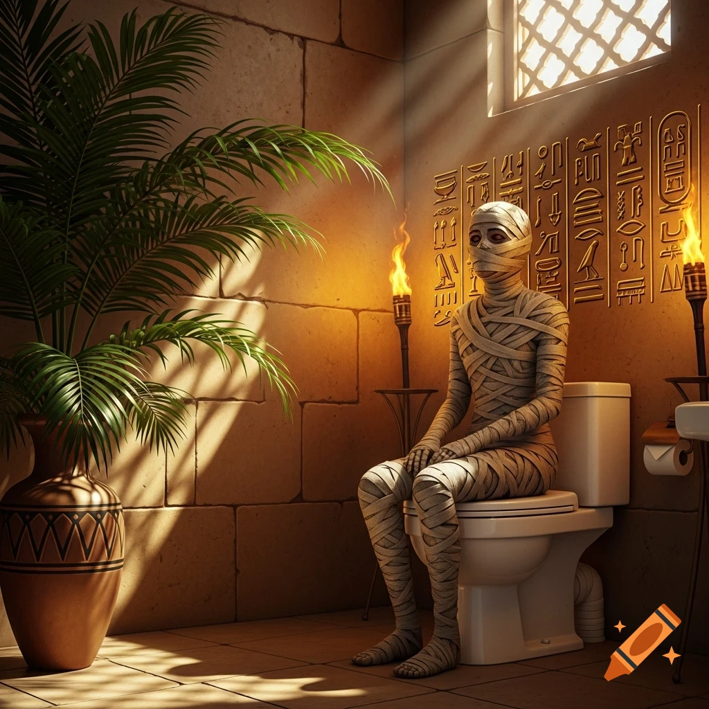 A mummified figure sits on a toilet in an ancient Egyptian-themed bathroom, complete with hieroglyphs, torches, and a large plant.