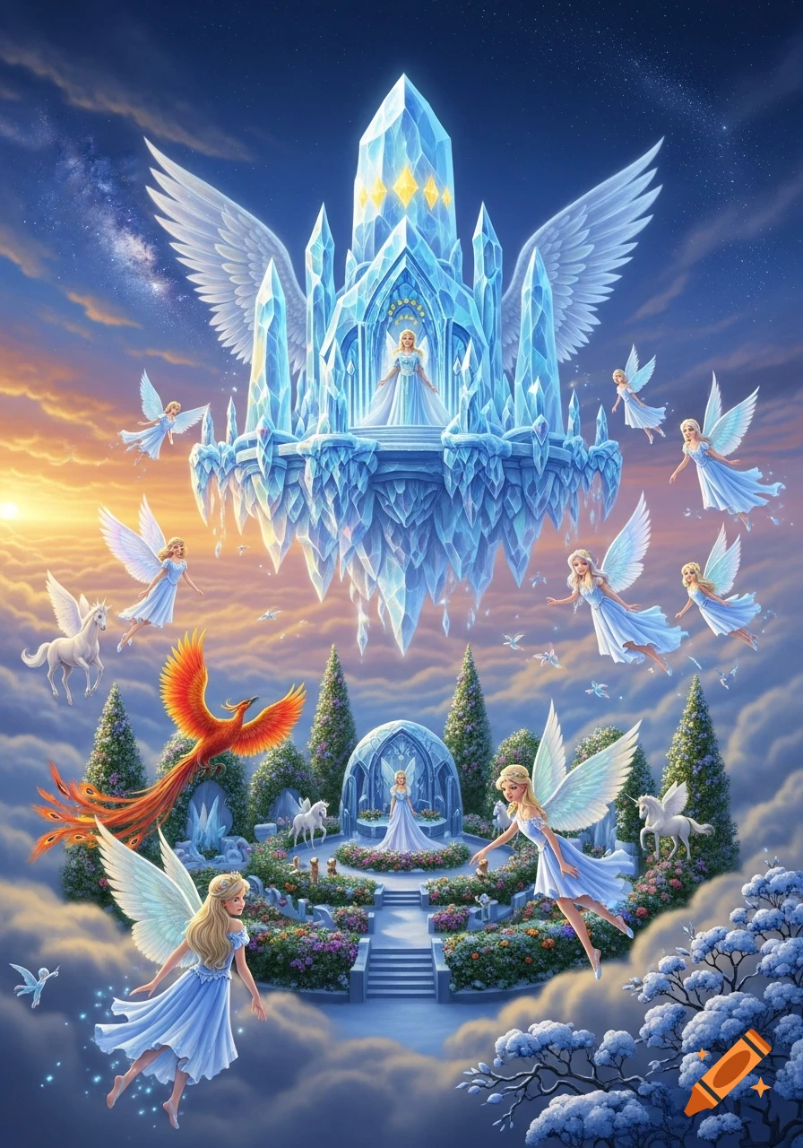 A vibrant fantasy illustration of a floating crystal castle in the sky at sunset, surrounded by flying angels, a phoenix, and unicorns.