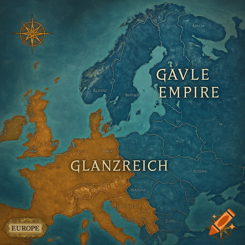 A vintage-style political map of Europe showing "Glanzreich" and "Gavle Empire" as major territories, with a compass rose.