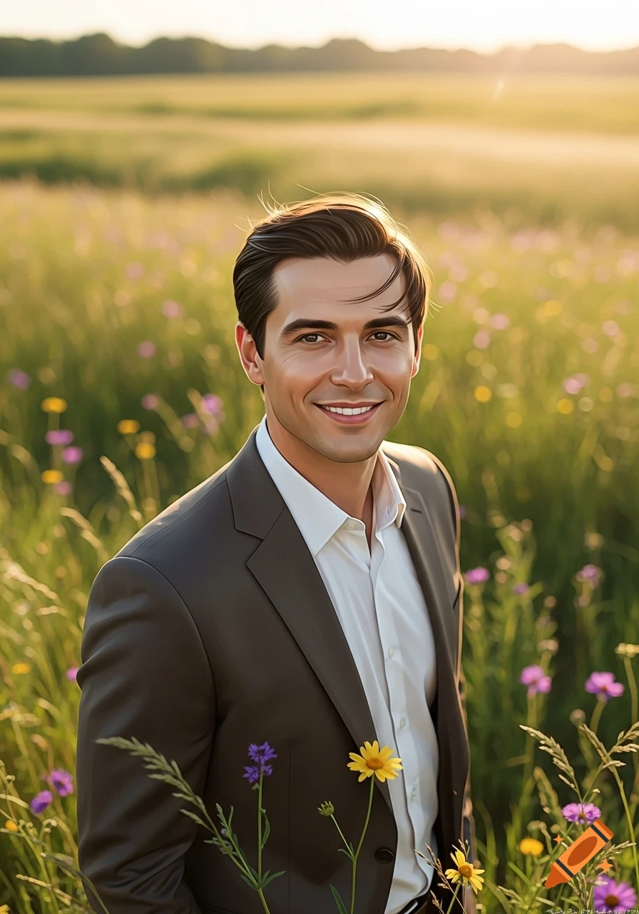 A smiling man in a dark suit and white shirt stands in a field of green grass and purple and yellow wildflowers at sunset.