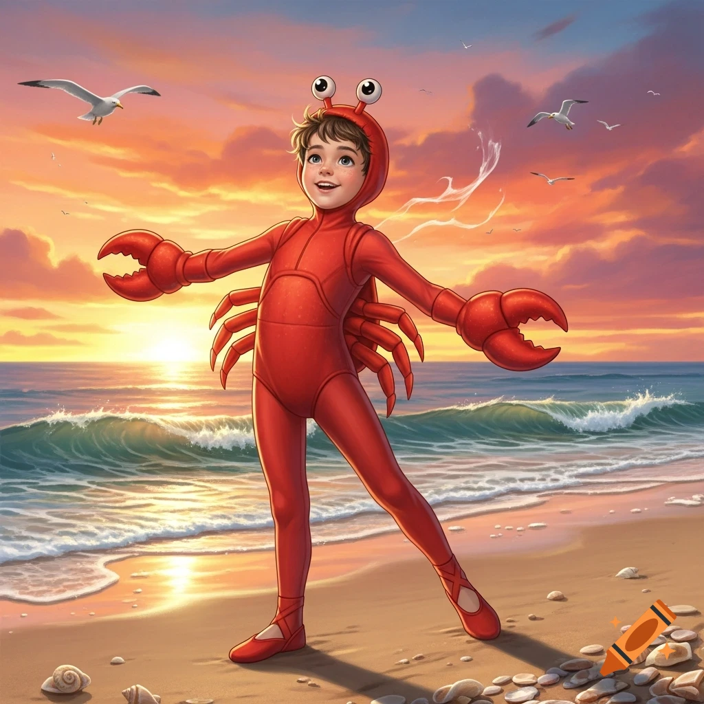 A young boy in a bright red crab costume stands on a sandy beach at sunset, looking up with a smile as seagulls fly overhead.