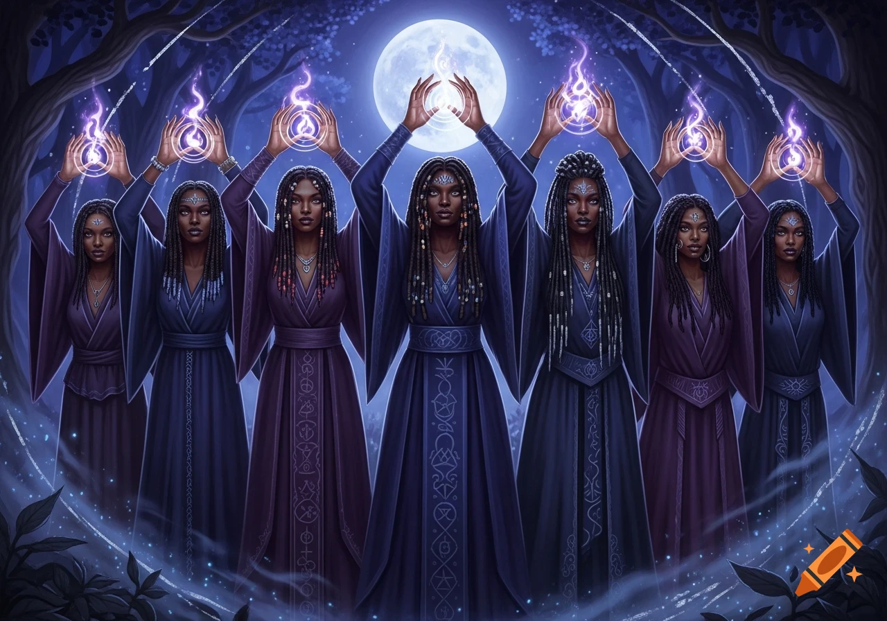 Seven Black women in flowing robes raise their hands, casting purple magic under a full moon in a mystical forest.