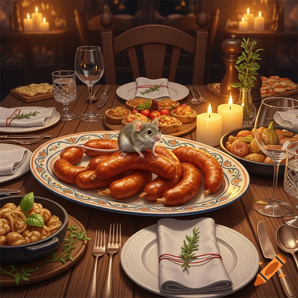 A photorealistic image of a small mouse on a platter of sausages at a candlelit restaurant table filled with various dishes.
