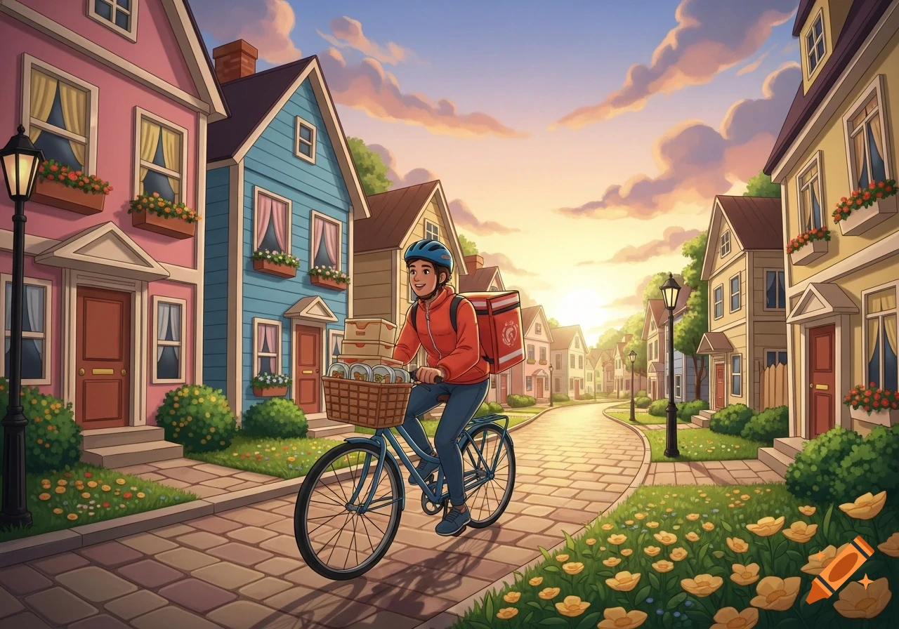 A cartoon illustration of a person on a bicycle delivering food down a residential street at sunset.