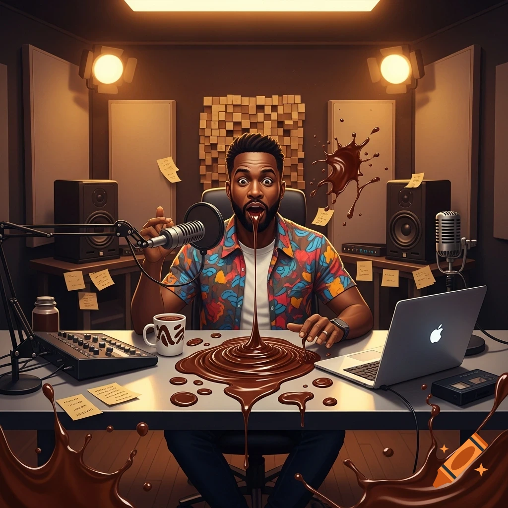 A man in a vibrant shirt sits in a podcast studio, looking surprised as chocolate syrup pours from his mouth onto the desk, spilling around a microphone and laptop.