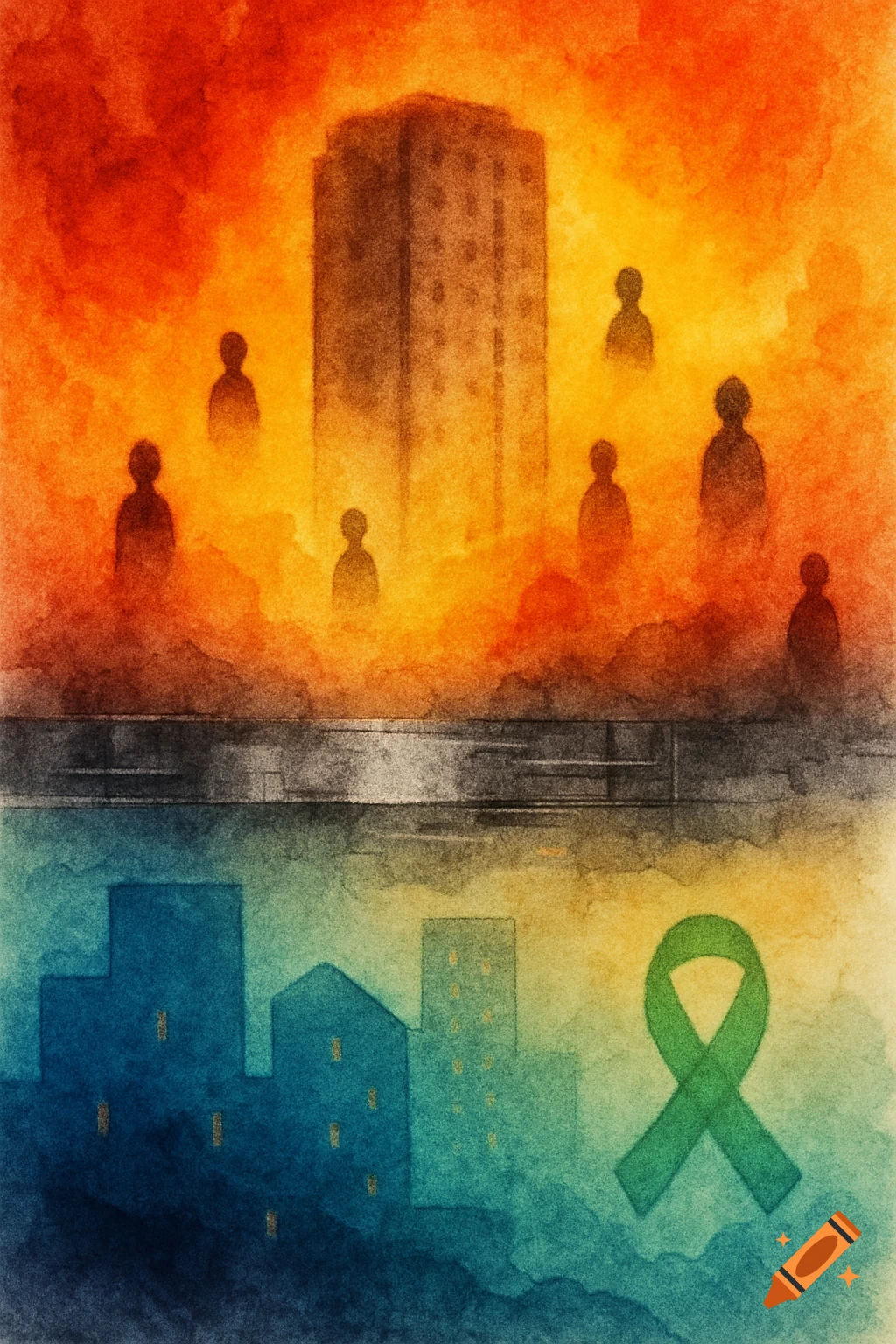 Abstract watercolor painting split into warm and cool tones. Top features a blurred tower and silhouettes in orange/red; bottom shows blue buildings and a green ribbon.