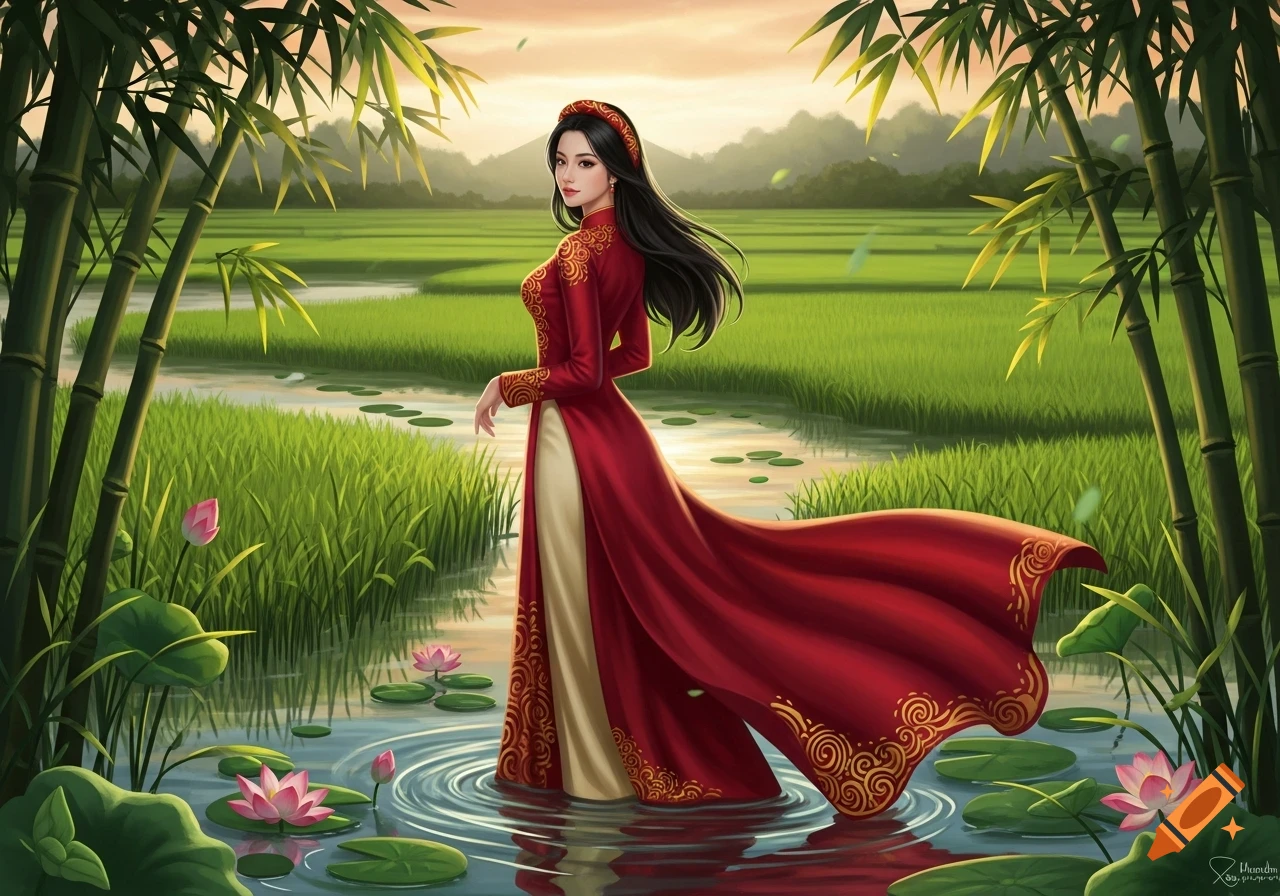 A Vietnamese woman in a flowing red and gold Ao Dai stands in a shallow stream with lotus flowers, surrounded by lush green rice paddies and bamboo.