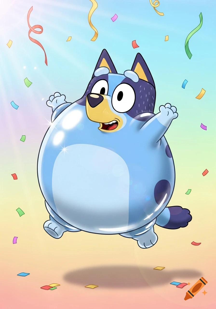 Bluey the cartoon dog, inflated like a balloon and floating happily amidst colorful confetti against a gradient background.