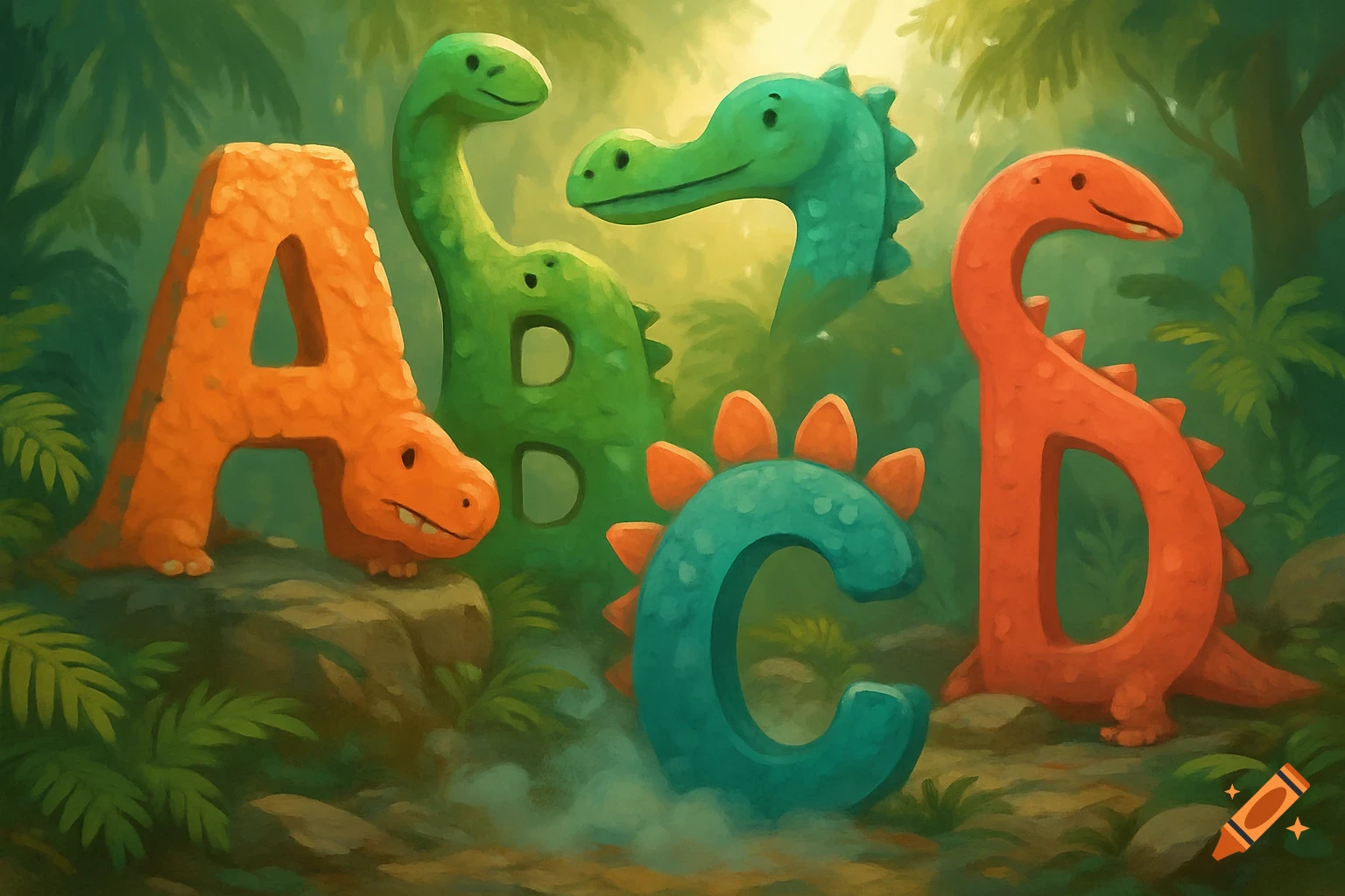 Cartoon dinosaur letters A, B, C, D in a lush green jungle, painted in a children's book style.